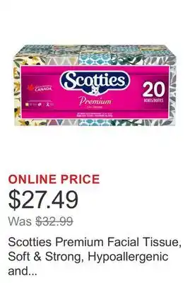 Costco Scotties Premium Facial Tissue, Soft & Strong, Hypoallergenic and Dermatologist Tested, 20-pack offer