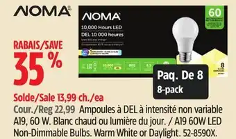 Canadian Tire NOMA A19 60W LED Non-Dimmable Bulbs Warm White or Daylight offer