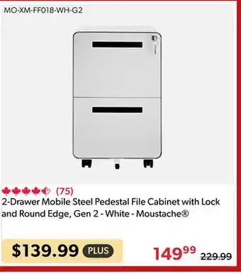 123Ink 2-Drawer Mobile Steel Pedestal File Cabinet with Lock and Round Edge, Gen 2 - White - Moustache offer