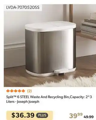 Shopper+ Split 6 STEEL Waste And Recycling Bin,Capacity: 2*3 Liters - Joseph Joseph offer