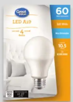 Walmart Great Value 60W A19 Daylight 800 Lumens Non-Dimmable or Soft White LED Bulbs offer