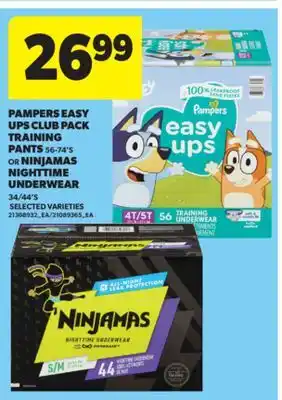 Real Canadian Superstore PAMPERS EASY UPS CLUB PACK TRAINING PANTS 56-74' S OR NINJAMAS NIGHTTIME UNDERWEAR 34/44' S offer