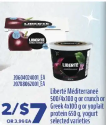 Real Canadian Superstore Liberté Méditerraneé 500/4x100 g OR CRUNCH GREEK 4x100 g or YOPLAIT PROTIEN offer