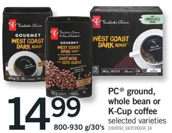 Fortinos PC GROUND, , WHOLE BEAN OR K-CUP COFFEE,800-930 G /30's offer