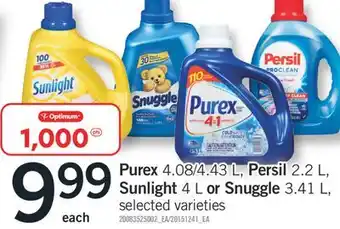 Fortinos PUREX 4.08/4.43 L, PERSIL 2.2 L, SUNLIGHT 4 L OR SNUGGLE 3.41 L offer