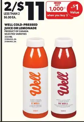 Loblaws WELL COLD-PRESSED JUICE OR LEMONADE, 333ML offer