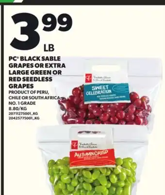 Loblaws PC BLACK SABLE GRAPES OR EXTRA LARGE GREEN OR RED SEEDLESS GRAPES offer