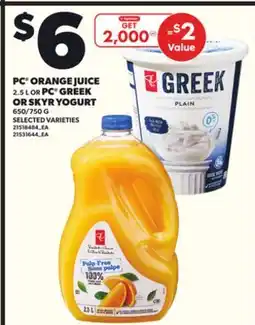 Loblaws PC ORANGE JUICE, 2.5 L OR SKYR YOGURT 650/750 G offer