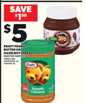 Loblaws KRAFT PEANUT BUTTER OR HAZELNUT SPREAD, 750 G-1KG offer