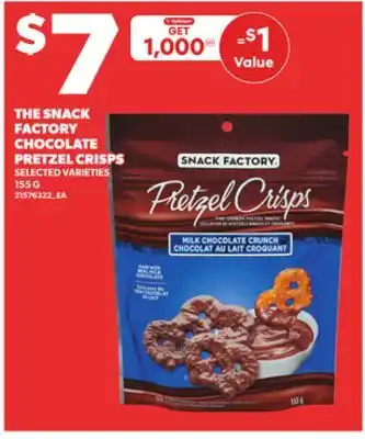 Loblaws THE SNACK FACTORY CHOCOLATE PRETZEL CRISPS, 155G offer