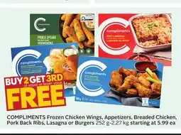 Sobeys COMPLIMENTS Frozen Chicken Wings, Appetizers, Breaded Chicken, Pork Back Ribs, Lasagna or Burgers offer