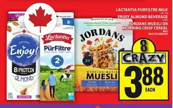 Food Basics LACTANTIA PURFILTRE MILK, ENJOY ALMOND BEVERAGE, JORDANS MUESLI OR MORNING CRISP CEREAL offer