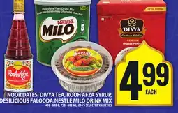 Food Basics NOOR DATES, DIVYA TEA, ROOH AFZA SYRUP, DESILICIOUS FALOODA,NESTLÉ MILO DRINK MIX offer