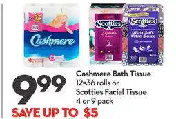 Longo's Cashmere Bath Tissue 12 = 36 rolls or Scotties Facial Tissue 4 or 9 pack offer