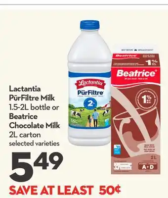 Longo's Lactantia PūrFiltre Milk 1.5-2L bottle or Beatrice Chocolate Milk 2L carton offer