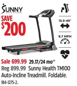 Canadian Tire Sunny Health TM100 Auto-Incline Treadmill offer