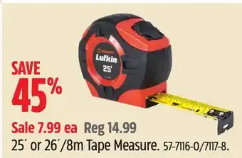 Canadian Tire 25´ or 26´/8m Tape Measure offer