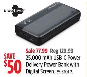 Canadian Tire blue hive 25,000 mAh USB-C Power Delivery Power Bank with Digital Screen offer