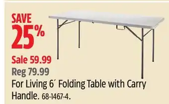 Canadian Tire For Living 6´Folding Table with Carry Handle offer