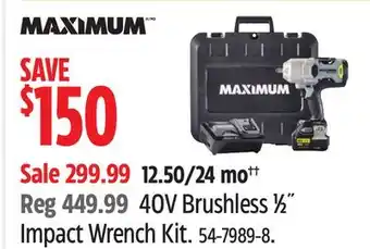 Canadian Tire MAXIMUM 40V Brushless 1⁄2˝ Impact Wrench Kit offer