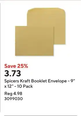 Staples Spicers Kraft Booklet Envelope - 9 x 12 - 10 Pack offer