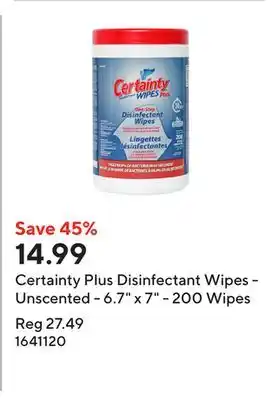 Staples Certainty Plus Disinfectant Wipes - Unscented - 6.7 x 7 - 200 Wipes offer