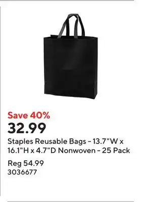 Staples Staples Reusable Bags - 13.7W x 16.1H x 4.7D Nonwoven - 25 Pack offer