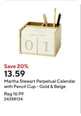 Staples Martha Stewart Perpetual Calendar with Pencil Cup - Gold & Beige offer