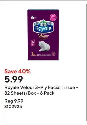 Staples Royale Velour 3-Ply Facial Tissue - 82 Sheets/Box - 6 Pack offer