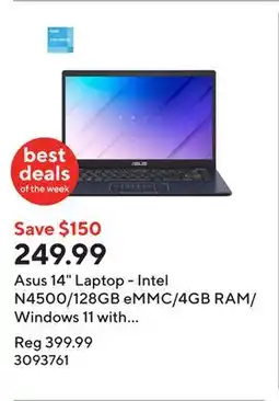 Staples Asus 14 Laptop - Intel N4500/128GB eMMC/4GB RAM/Windows 11 with 1-year of Microsoft 365 offer