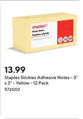 Staples Staples Stickies Adhesive Notes - 3 x 3 - Yellow - 12 Pack offer