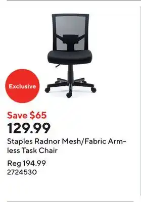 Staples Staples Radnor Mesh/Fabric Armless Task Chair offer