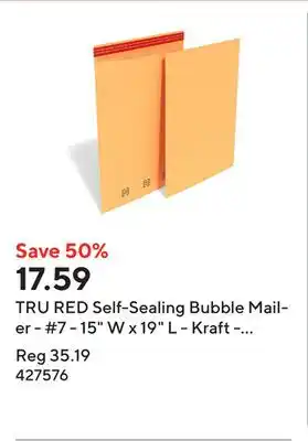 Staples TRU RED Self-Sealing Bubble Mailer - #7 - 15 W x 19 L - Kraft - 25 Pack offer