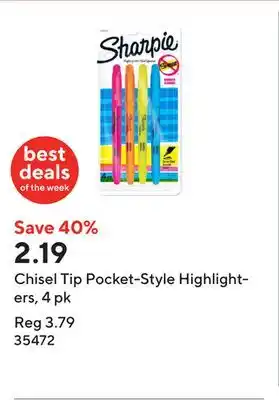 Staples Chisel Tip Pocket-Style Highlighters, 4 pk offer