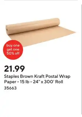 Staples Staples Brown Kraft Postal Wrap Paper - 15 lb - 24 x 300' Roll offer