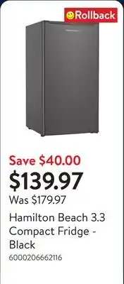 Walmart Hamilton Beach 3.3 Compact Fridge - Black offer