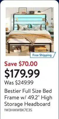 Walmart Bestier Full Size Bed Frame w/ 49.2 High Storage Headboard offer