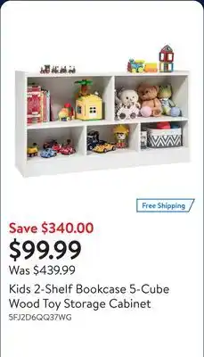 Walmart Kids 2-Shelf Bookcase 5-Cube Wood Toy Storage Cabinet offer