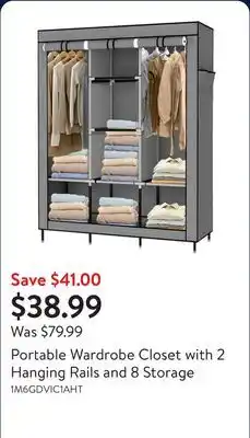 Walmart Portable Wardrobe Closet with 2 Hanging Rails and 8 Storage offer