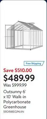 Walmart Outsunny 6' x 10' Walk-in Polycarbonate Greenhouse offer