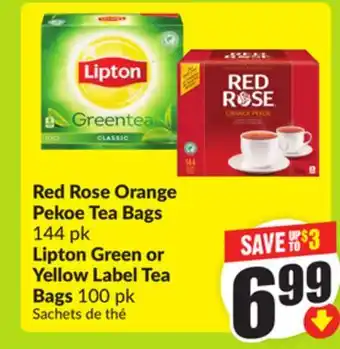 FreshCo Red Rose Orange Pekoe Tea Bags, 144 pk OR Lipton Green or Yellow Label Tea Bags, 100 pk offer