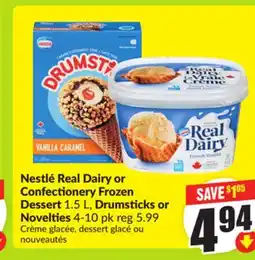 FreshCo Nestlé Real Dairy or Confectionery Frozen Dessert 1.5 L, Drumsticks or Novelties 4-10 pk offer