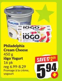 FreshCo Philadelphia Cream Cheese 450 g iögo Yogurt 16 pk offer