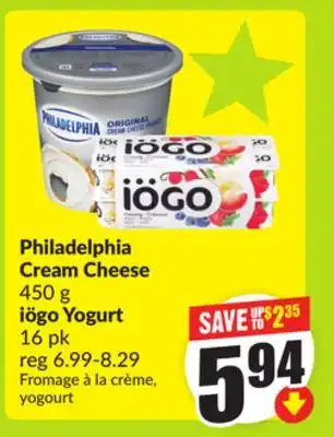 FreshCo Philadelphia Cream Cheese 450 g iögo Yogurt 16 pk offer