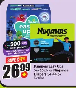 Chalo FreshCo Pampers Easy Ups 56-66 pk or Ninjamas Diapers 34-44 pk offer