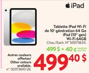 Walmart iPAD (10 gen) Wifi 64GB offer