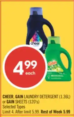 Shoppers Drug Mart CHEER, GAIN LAUNDRY DETERGENT 1.36L or GAIN SHEETS 120's offer