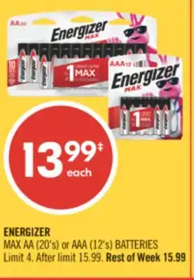 Shoppers Drug Mart ENERGIZER MAX AA 20's or AAA 12's BATTERIES offer