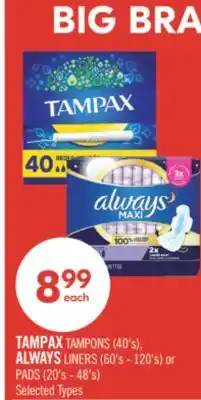 Shoppers Drug Mart TAMPAX TAMPONS (40's), ALWAYS LINERS (60's - 120's) or PADS (20's - 48's) offer