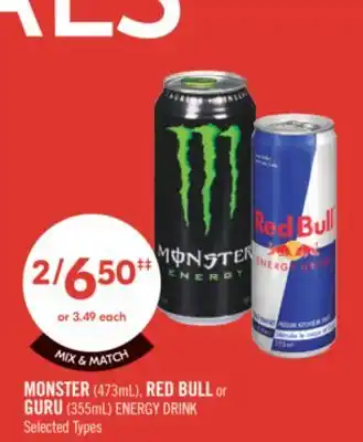 Shoppers Drug Mart MONSTER (473mL), RED BULL or GURU (355mL) ENERGY DRINK offer